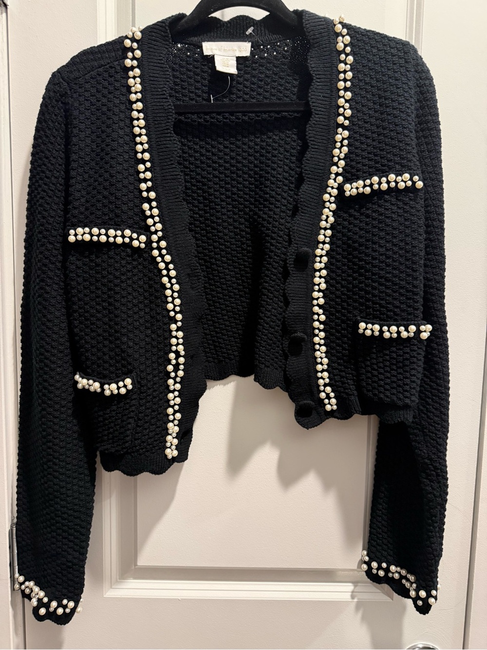 House of Harlow 1960 Black Cropped Knit Cardigan with Pearl Trim